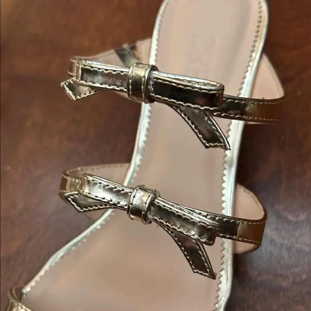 J. Crew Zadie Bow-Strap Heels in Gold Metallic Leather, Feminine Coquette Size 6